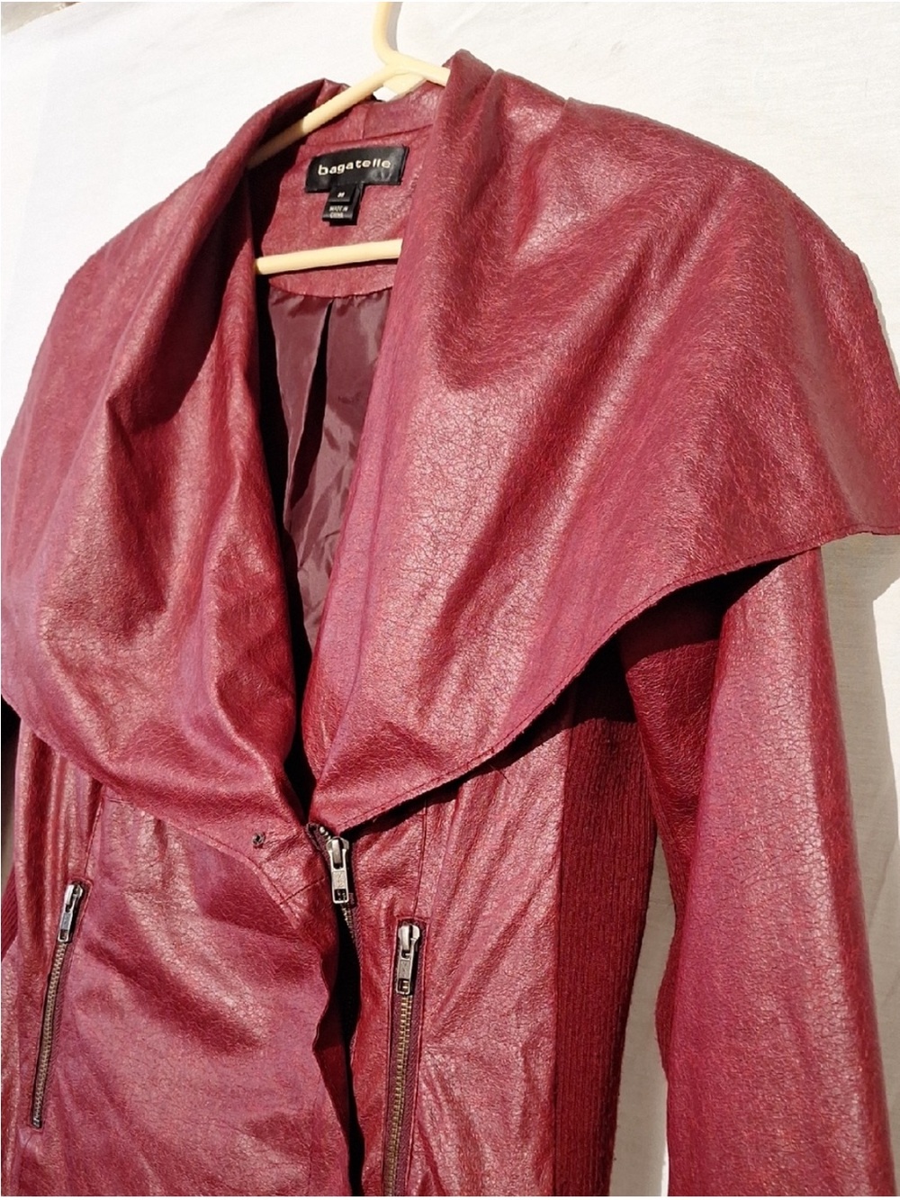 Bagatelle,Wine Cropped Bomber Jacket, Vegan Leather,Glam,Biker,Size 8 - Picture 4 of 10